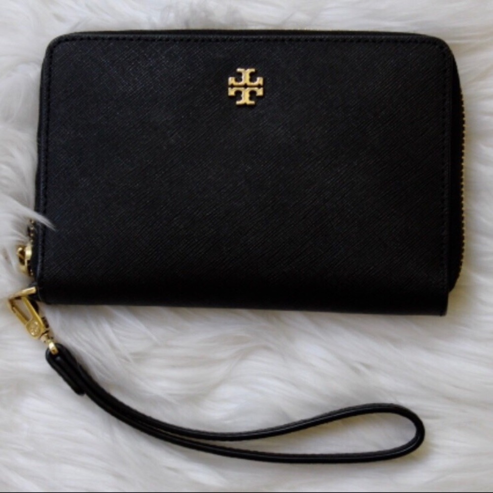 Large tory burch black and gold wallet